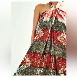 Earthbound Red and Blue Printed Bohemian Relaxed Wide Leg Halter Jumpsuit Small